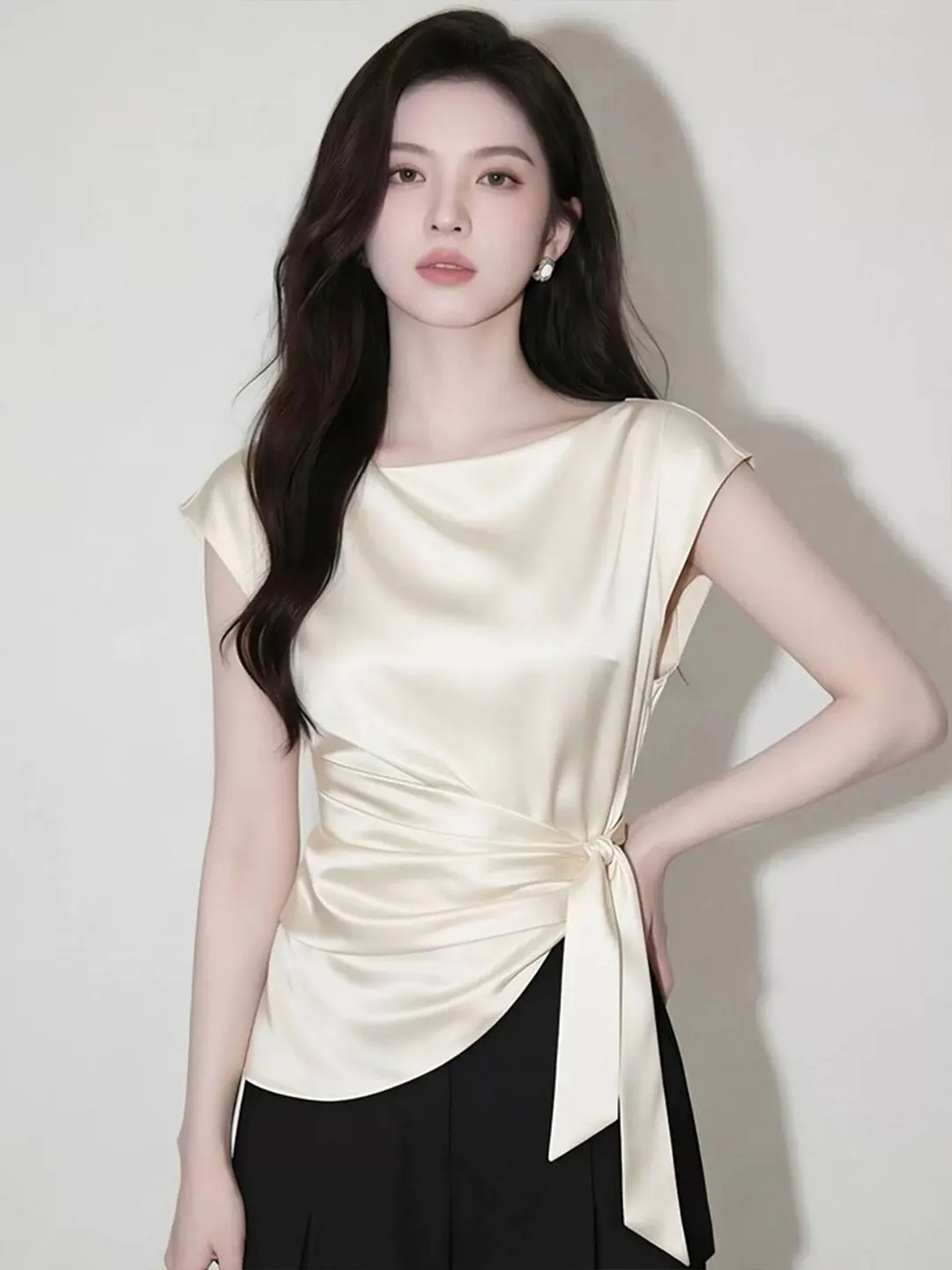 

Elegant Satin Short Sleeve Top Women's Fashion Knot Waist Design Irregular Hemline Light Luxury Style Korean Straight Cut