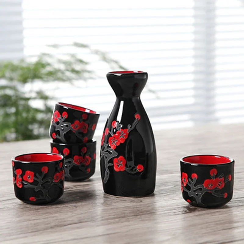 Japanese Sake Wine Warmer 1 Pot 4 Cups Ceramic Wineware Cherry Blossom Pattern Sake Pot Yellow Wine Cup Sake Pot Friend Gift