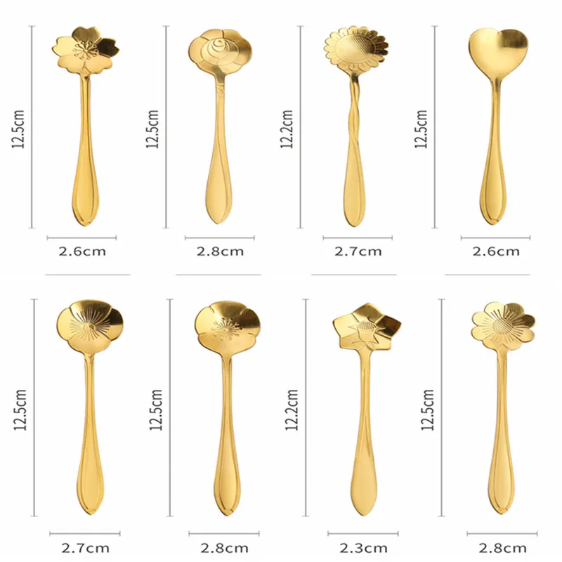 8Pcs Flower Spoon Set Small Teaspoon Coffee Spoon Cute Ice Cream Dessert Spoon Silver Gold Stainless Steel Spoon For Coffee Tea