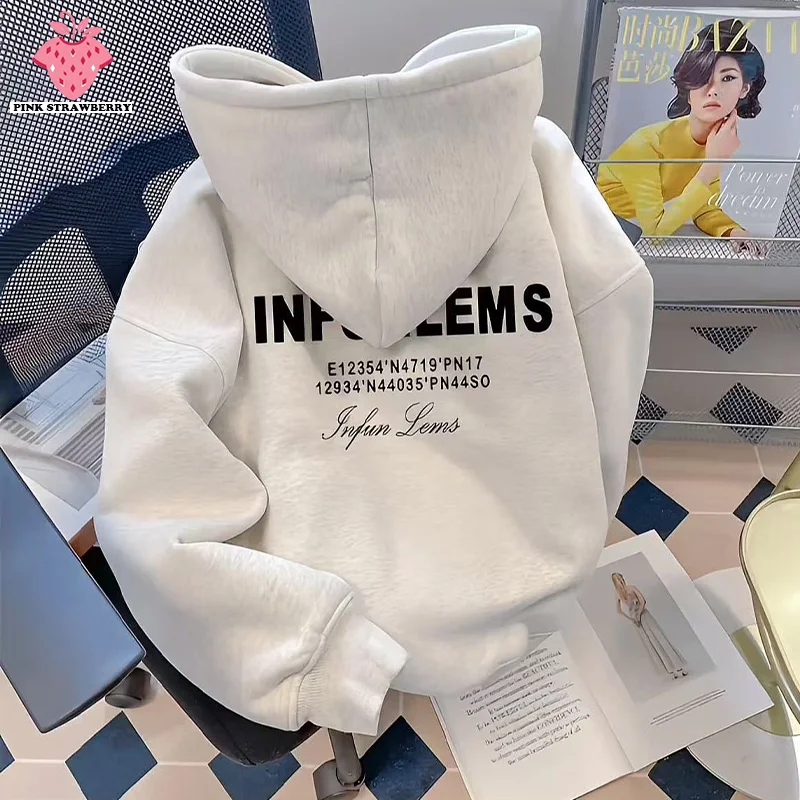 

American Street White Hoodies Men Autumn Winter 2025 New Fashion Letter Print Kangaroo Pouch Y2K Top Men Warm Sweatshirt Student
