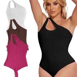 Women Sloping One-shoulder Bodysuit Hollow Out Ribbed Shapewear Butt Lifter Tummy Control Body Shaper Slimming Thong Sexy Corset