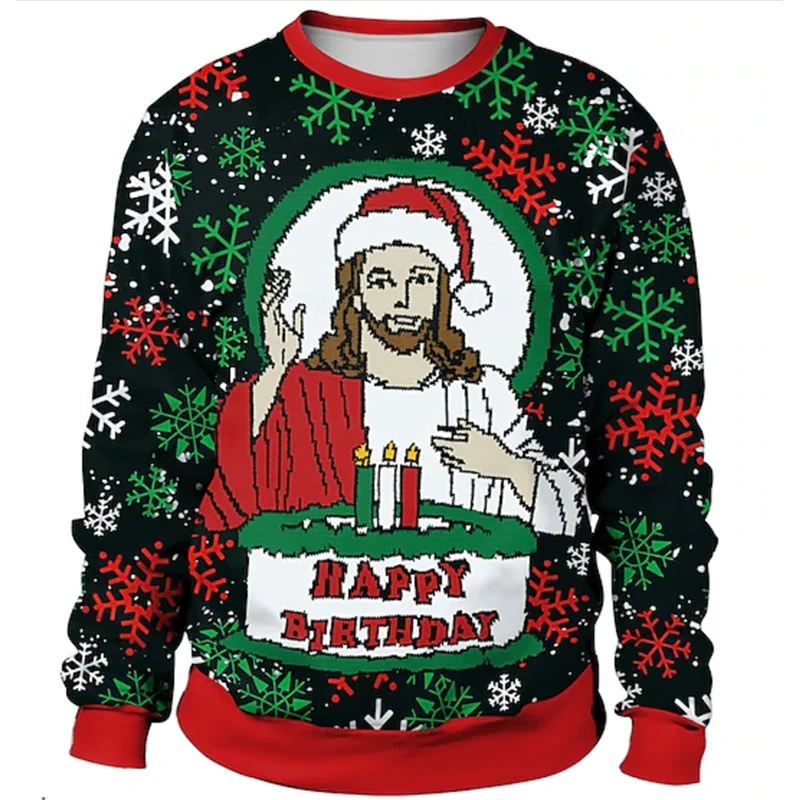 Jesus Snowflake Pattern Hoodie For Men Christmas Tree Dog 3D Print Pullover Autumn Long Sleeve O-Neck Hoodies Loose Sweatshirts