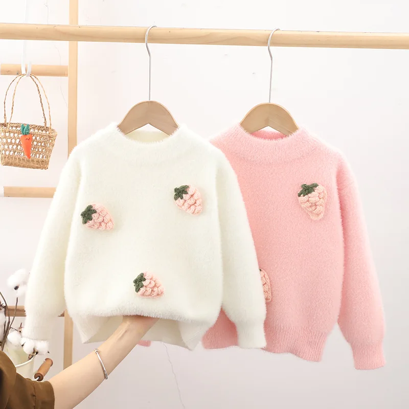 Girls Sweater Knit Bottoming Shirt Fashion Warm Girl New Autumn Winter Strawberry Children's Round Neck Pullover Sweater IY05284