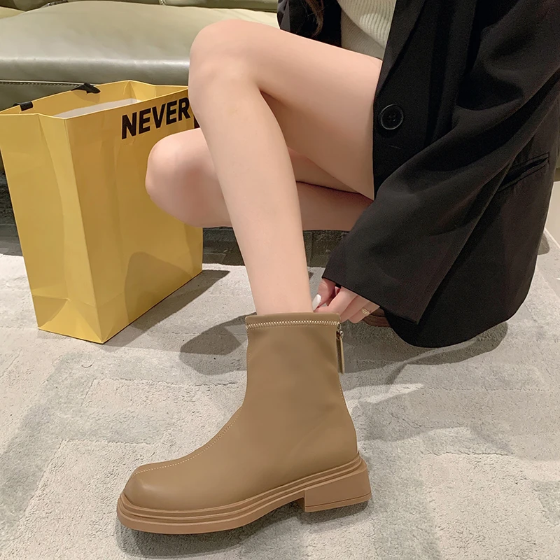 2023 Women's Shoes Winter Basic Ankle Women's Boots Concise Modern Boots Women Sewing Square Toe Square Heel Shoes Women Zapatos