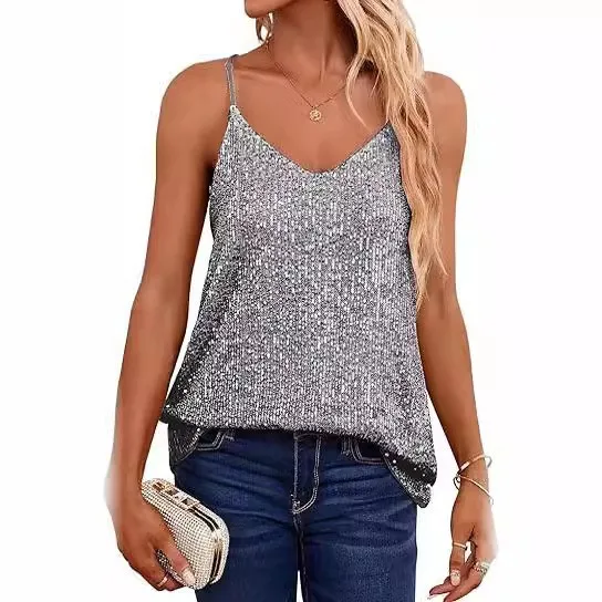 نمط جديد Drapey المتضخم بلا أكمام عارضة الترتر العميق الخامس الرقبة الرسن الأعلى #4