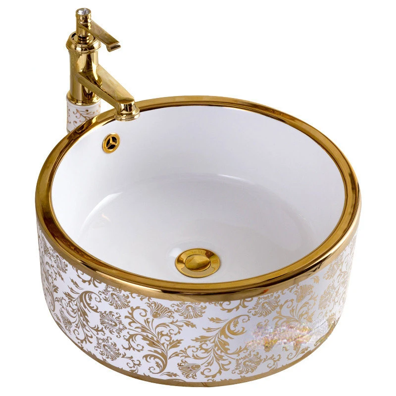 Ceramic Bathroom Sink Square Countertop Basin Round Gold Art Basin Light Luxury Washbasin Set Washing Hand Basin