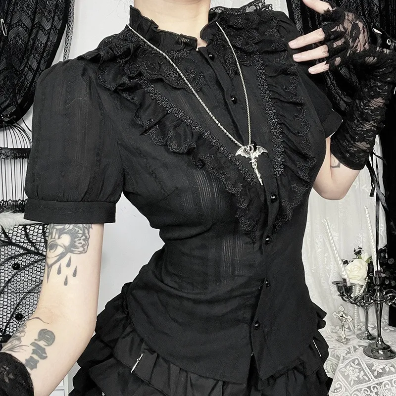 2026 Halloween Gothic Women T-shirt Black Short Sleeveless Slim Summer Tees Mini Skirt Y2K Grunge Punk Lolita Elegant Party Tops view 2