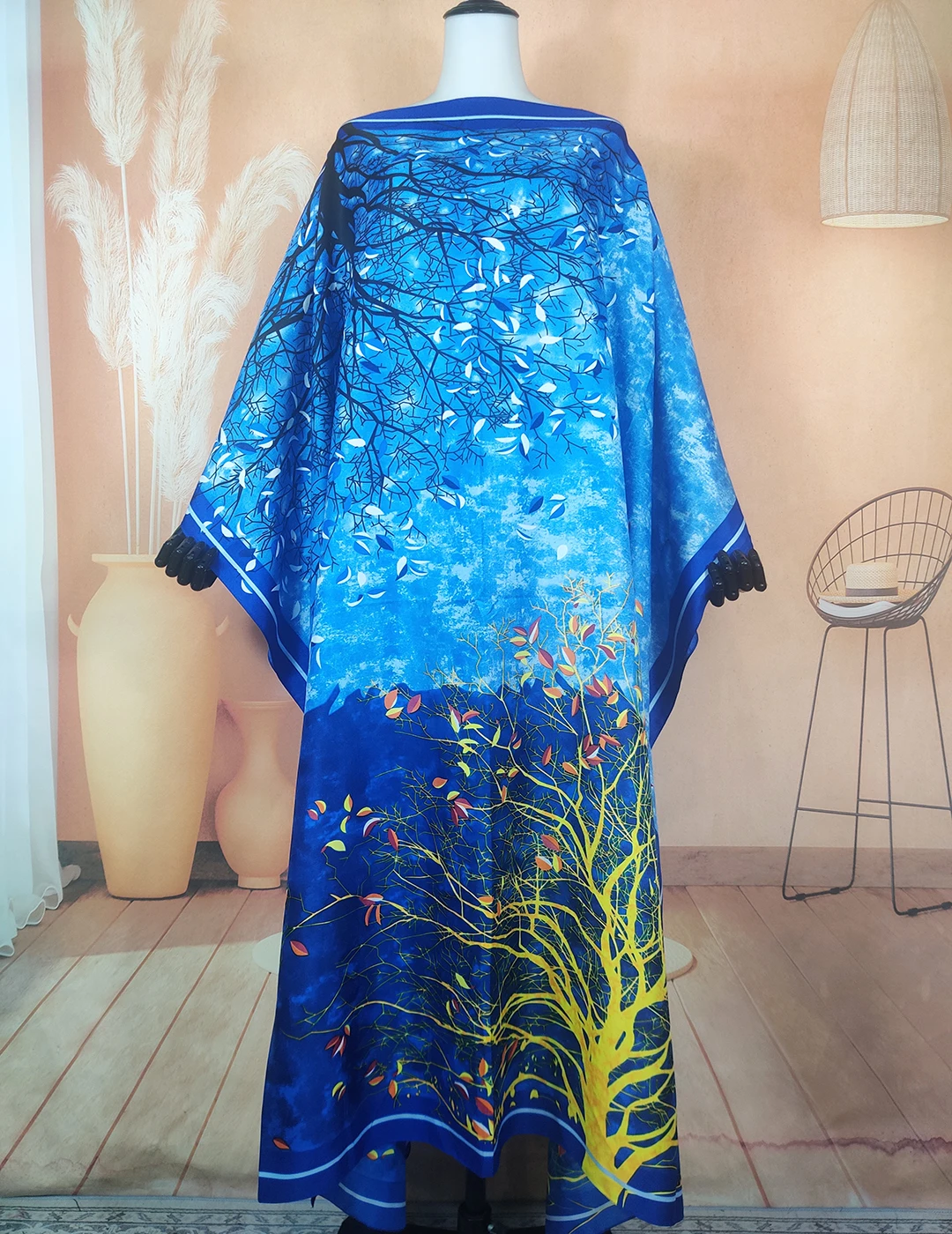 Kuwait Popular Bright Color Boho Twill Silk Loose Kaftan Dress Boubou Femme Style Africa Beach Muslim Lady Abaya Gowns