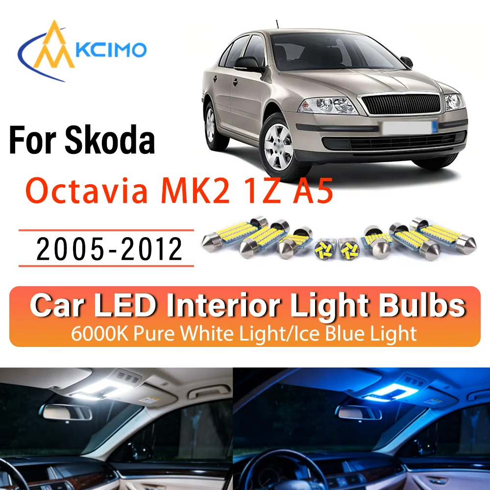 Kit d'éclairage intérieur LED à lueur persistante pour Skoda Octavia MK2 1Z A5 2005-2012 – Remplacement des lampes de dôme, de lecture, de coffre et de habitacle – Amélioration