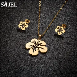 SMJEL Stainless Steel Lily Flower Necklace Women Girls Golden Jewelry Sets Trendy Datura Cherry Blossom Earrings Wedding Gift