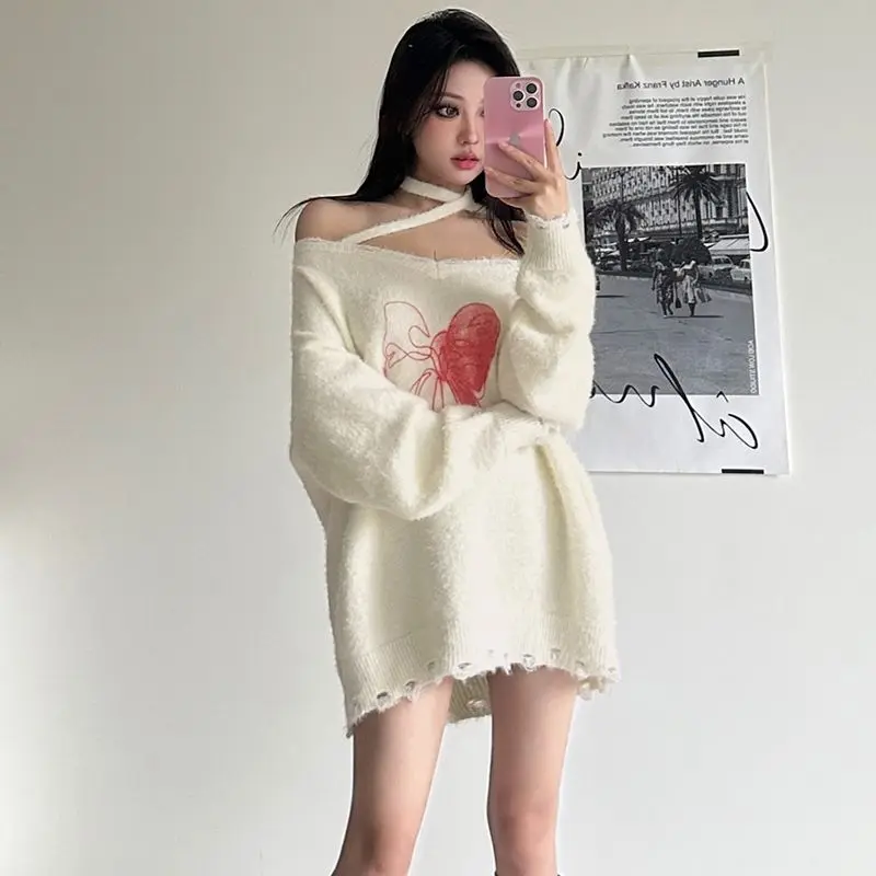 Sweater Bow Print Slant Collar Cross Design Oversized Sweater White Cute Korean Style Y2K Loose Knitted Pullovers Fall Winter image 2