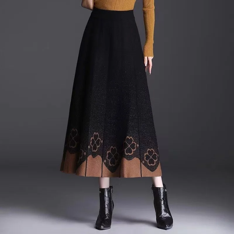 女性の秋冬 A ラインスカートハイウエスト弾性ウエストミッドレングスニットウール大スイングスカートセータースカート Mujer スカート