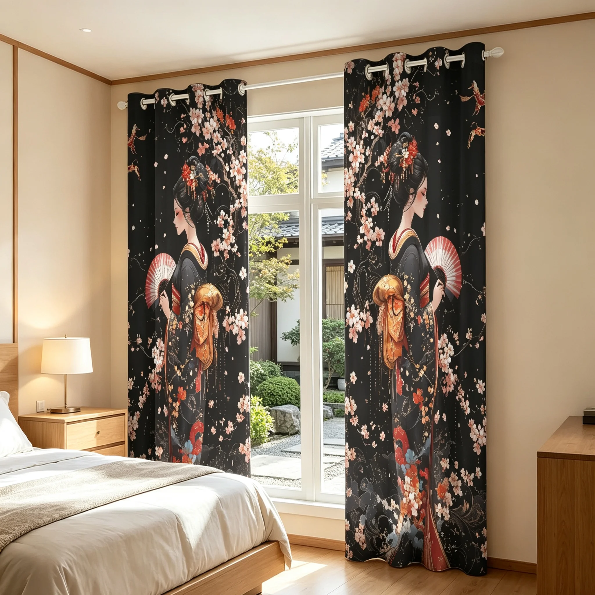 pcs Traditional Japanese Geisha Cherry Blossom Print Curtains With Holes For Living Room Bedroom Light Blocking Home Window D