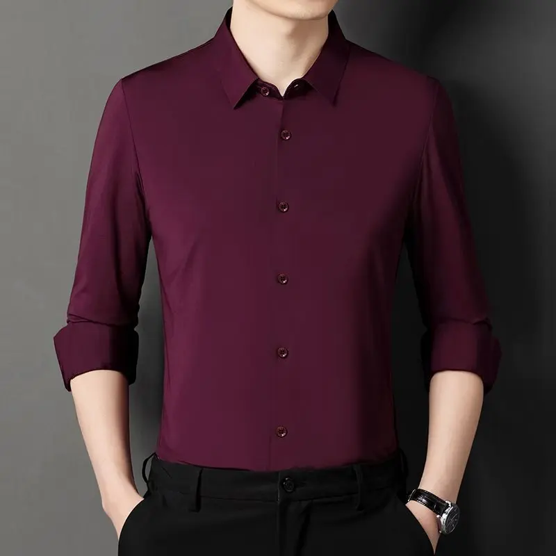

Мужская повседневная рубашка с длинным рукавом, весна-осень 2026, с высокой эластичностью, в деловом стиле, с воротником, без бренда, свободного кроя, из искусственного хлопка