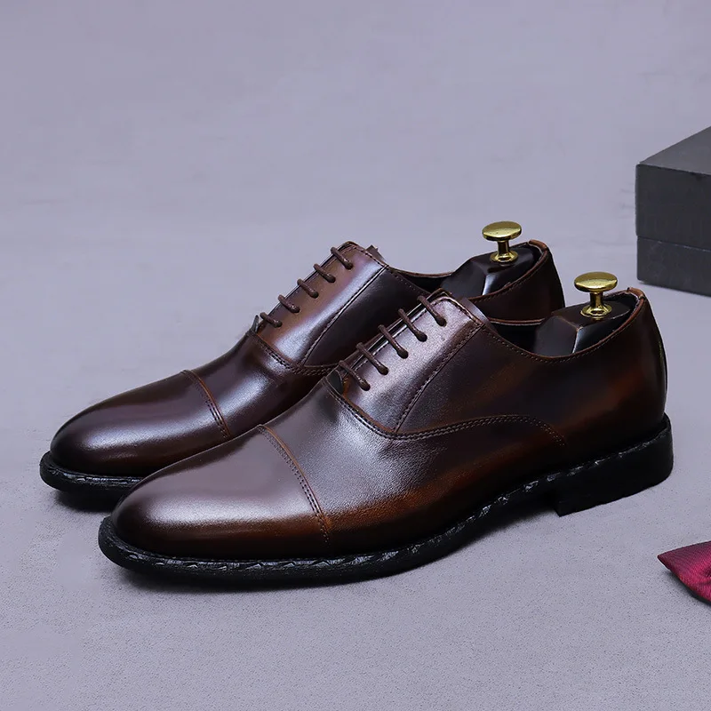 

Dark Brown Burnished Cap-Toe Oxfords Lace-Up Genuine Leather Dress Shoes Classic Formal Footwear for Interview Wedding Banquet