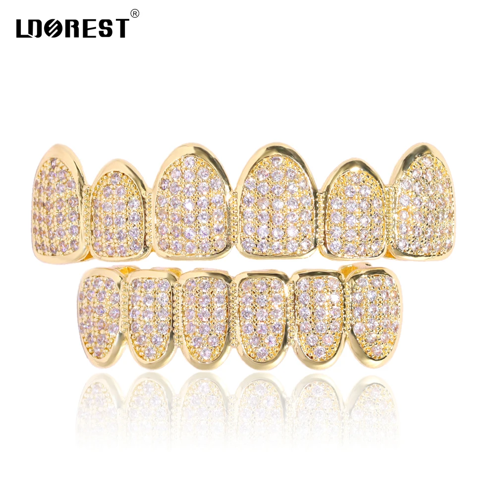

Iced Out Golden Bling Teeth Grillz Top & Bottom Cubic Zirconia Micro Pave Teeth Grills Set For Men Women Dental Cosplay Jewelry