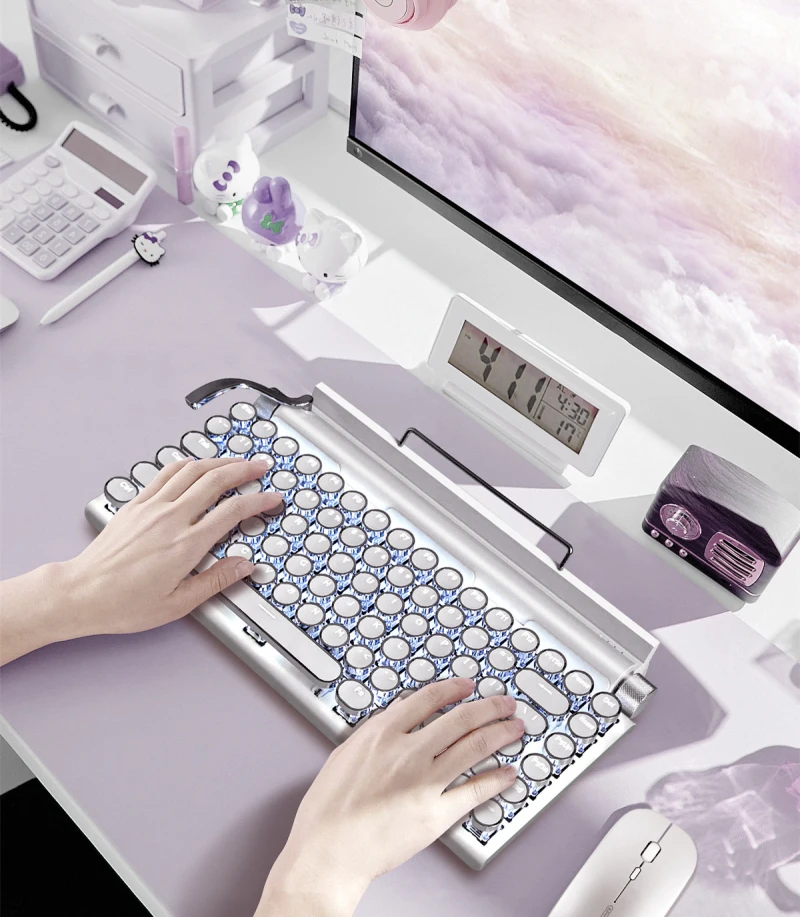 Retro Typemachine Bluetooth-toetsenbord Zilver Wit Stoom Punk Dot Groene schakelaars Witte achtergrondverlichting Draadloos mechanisch toetsenbord