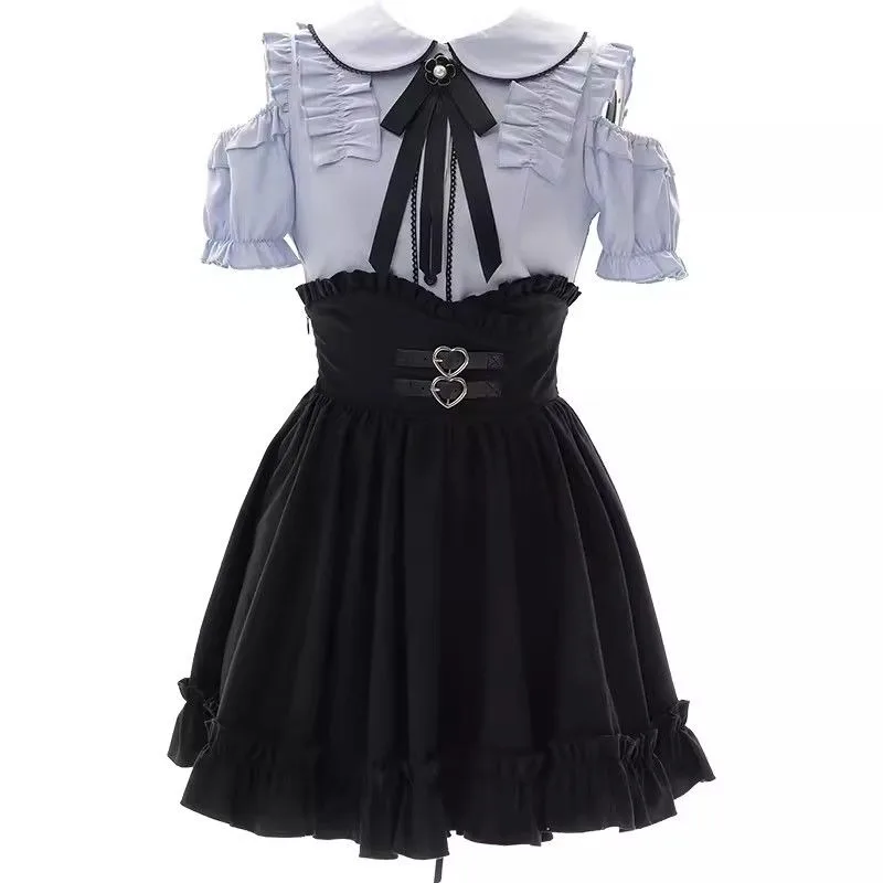 Dresss Sets 2pcs Long Short Sleeve Shirt Pleat Skirt Woman Clothes Kawaii Punk Strapless Sweet Streetwear Y2k Vintage Loose Suit
