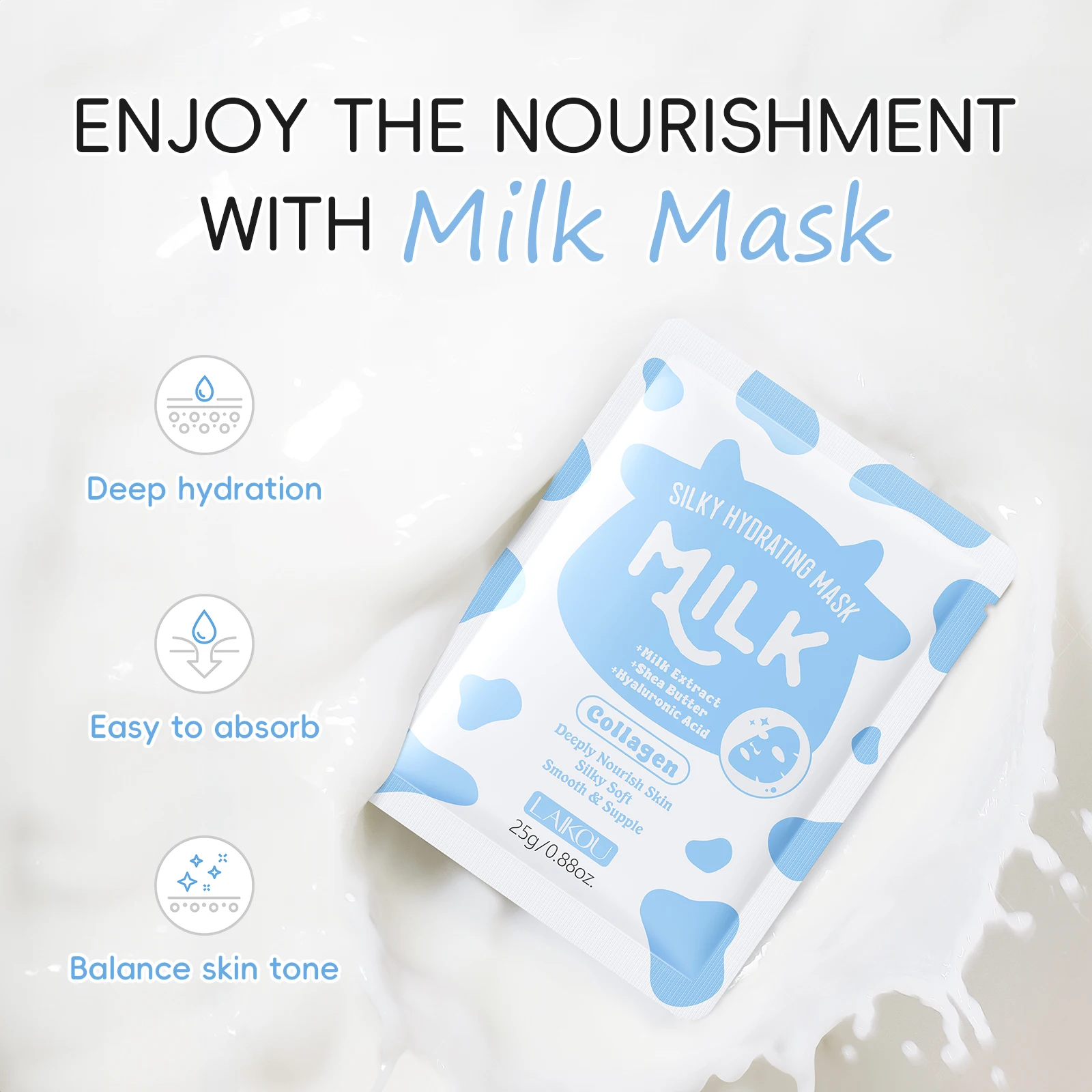 LAIKOU Milk Full‑Set Skin Care Kit,Cleanser Toner Serum Eye Cream Face Cream Hand Cream,5pcs Facial Sheet Mask,Hydrating Nourish view 5