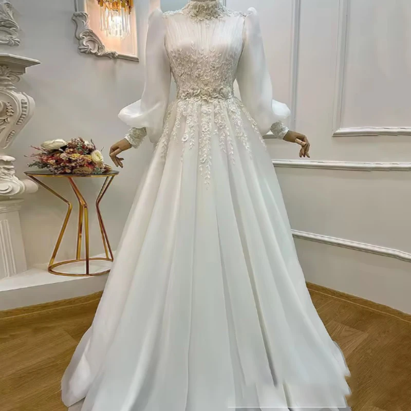 

Fairy Wedding Dresses Puff Sleeve High Neck 3d Flower Pearls A Line for Saudi Arabic Bride Draped Organza Bridal Gown Customized