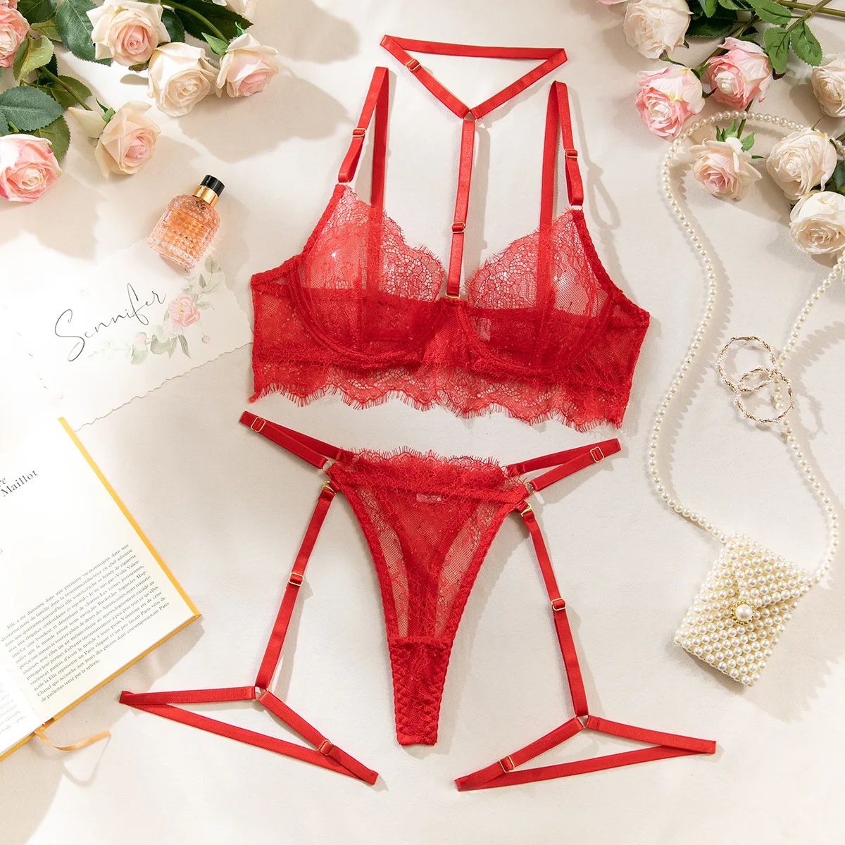 Sexy Lace Perspective Gathered Bra Summer Womens Halter Neck Seductive Underwear Valentine's Day Female Multi Piece Lingerie Set - Image 5