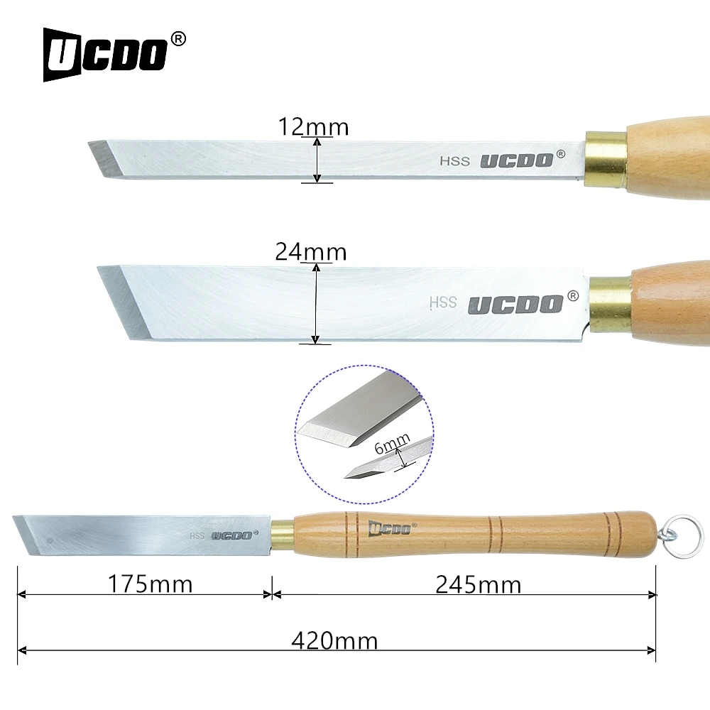 UCDO HSS 12&24mm Skew Chisel Woodturning Tools Walnut Handle With Hanging Rings for Woodworking Lathe Chisel