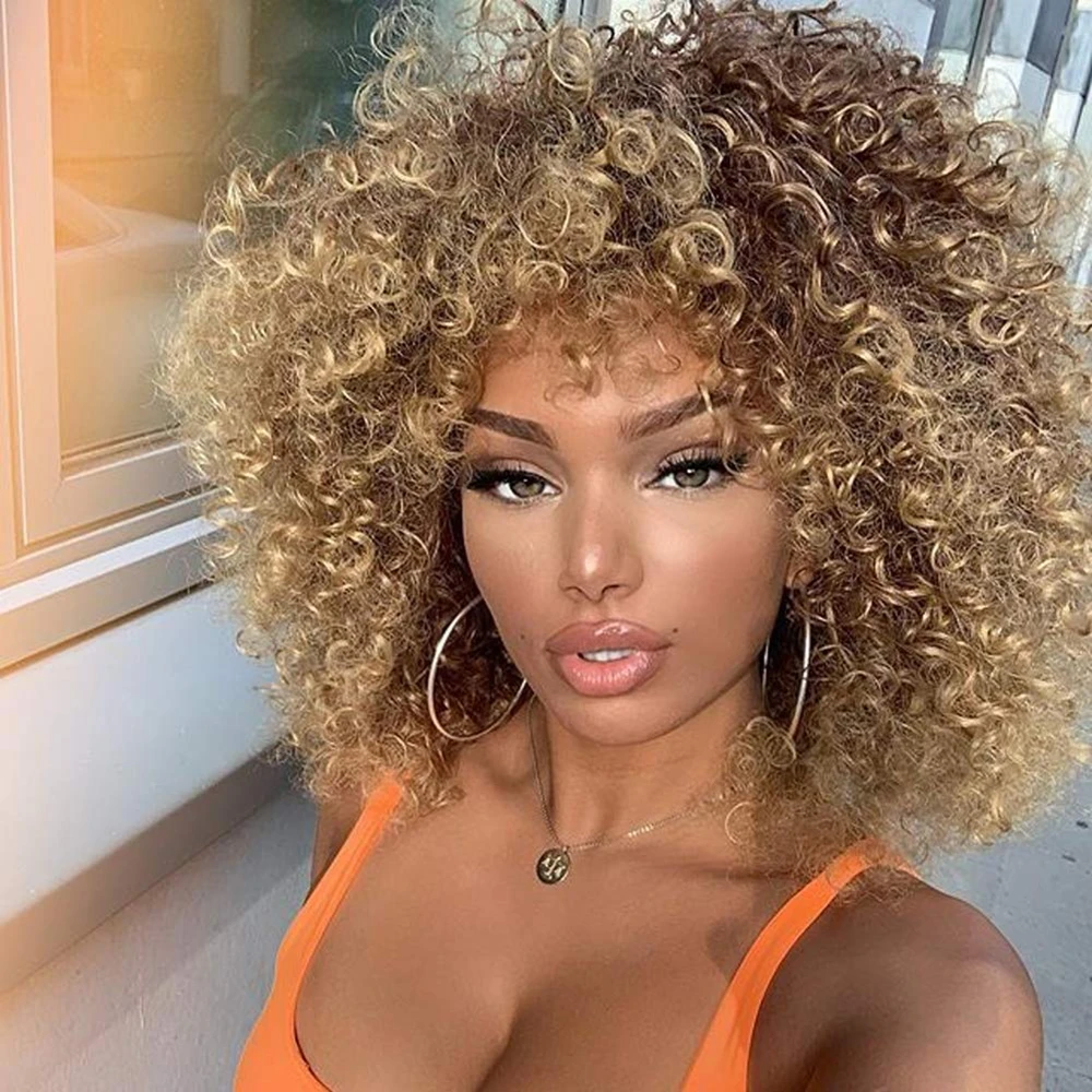 

Short Kinky Curly Afro Wig With Bangs for Black Women Afro Kinky Curly Wig Synthetic Full Wigs（14 Inch Panchromatic System）