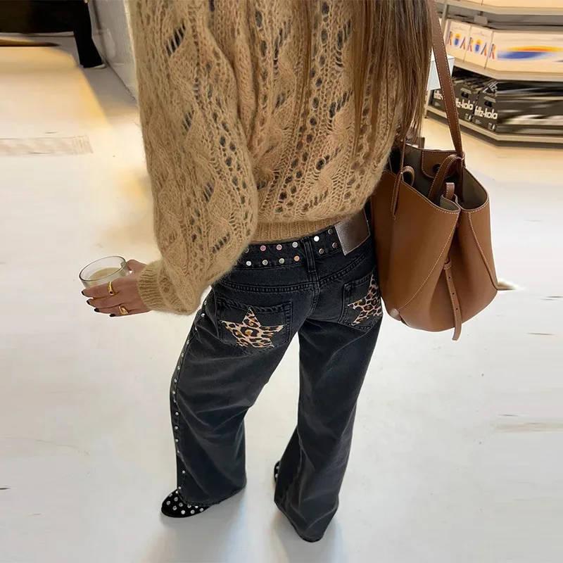 레오파드 스타 청바지 Y2K 여성 새로운 패션 하이 웨스트 지퍼 스트레이트 청바지 여성 캐주얼 streetwear 하라주쿠 힙합 블랙 바지