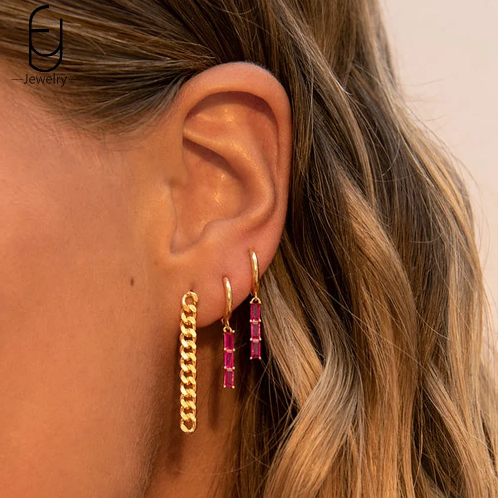 925 Sterling Silver Ear Buckles Fashion Hoop Earrings Rose Red Crystal Pendant Gold Earrings High Quality Women\'s Jewelry Gifts