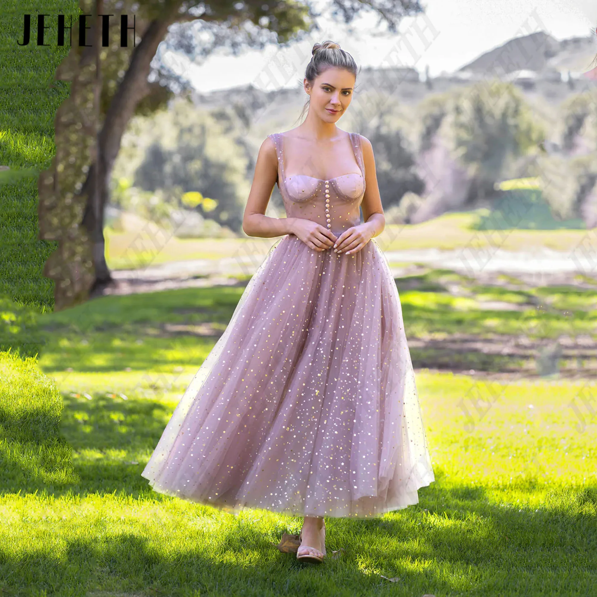 JEHETH Sparkly A-Line Prom Party Dresses Spaghetti Straps Sweetheart Tulle Evening Dress Zipper Back Sleeveless Graduation Gowns