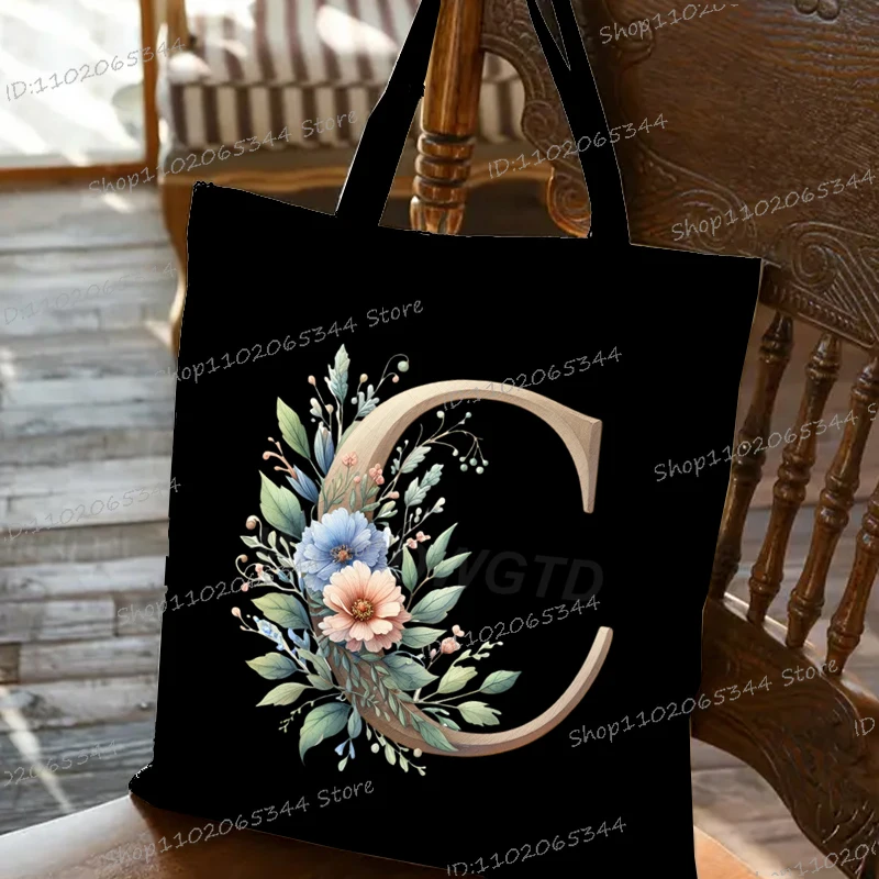 جديد المرأة خمر الأبجدية الذهبية حقائب اليد الرجعية الأزهار الاتجاه قماش حقيبة كتف عادية أنثى زهرة رسالة A-Z حمل الحقائب