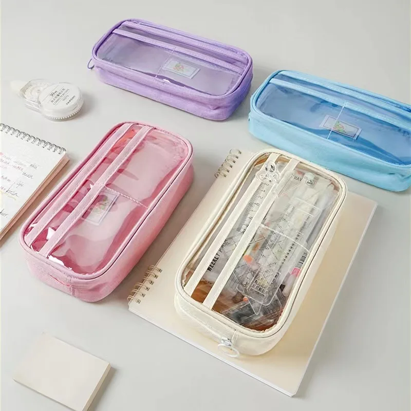 Transparent Pencil Case Pen Bag Simple Ins Design PVC Multi Layer Storage Pouch for Stationery Office School A7145