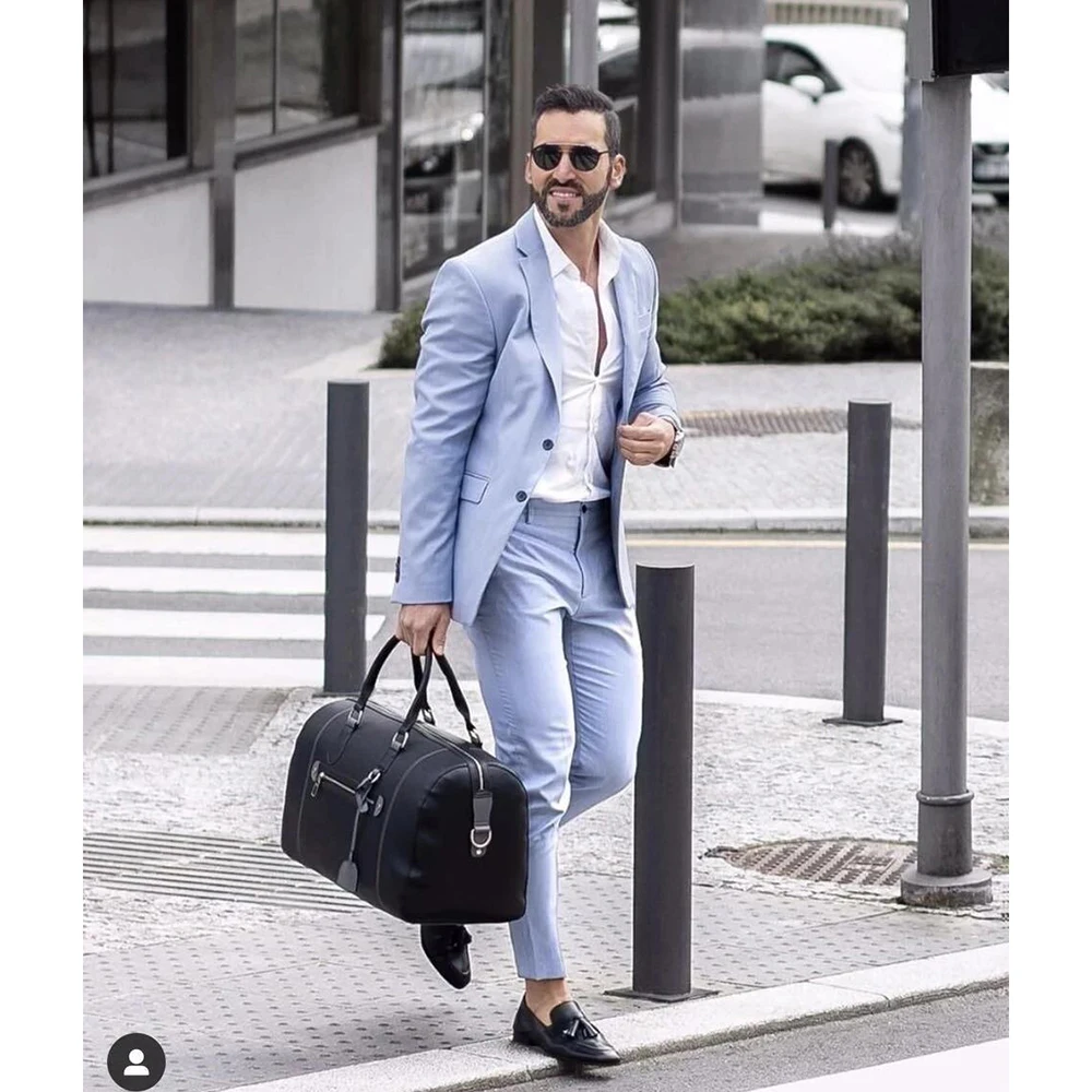 

Light Blue Casual Men Suit Two Pieces(Jacket+Pants) High Quality Lapel Outfits Chic Casual Party Prom Wedding Set