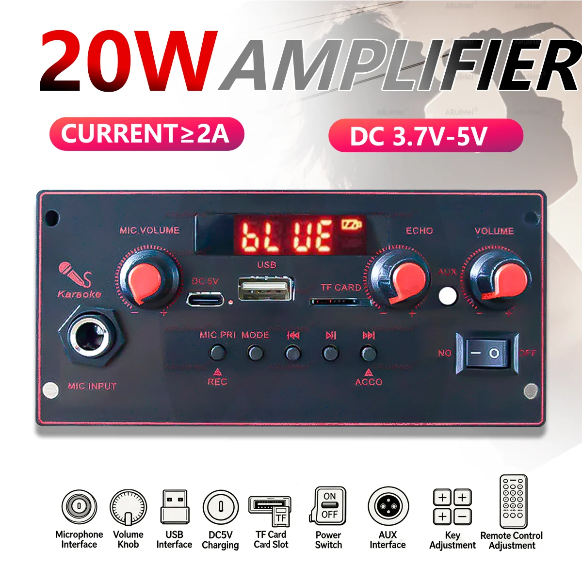 2x10W Bluetooth Audio Decoder Board 3.7V-5V USB TF FM AUX Fo