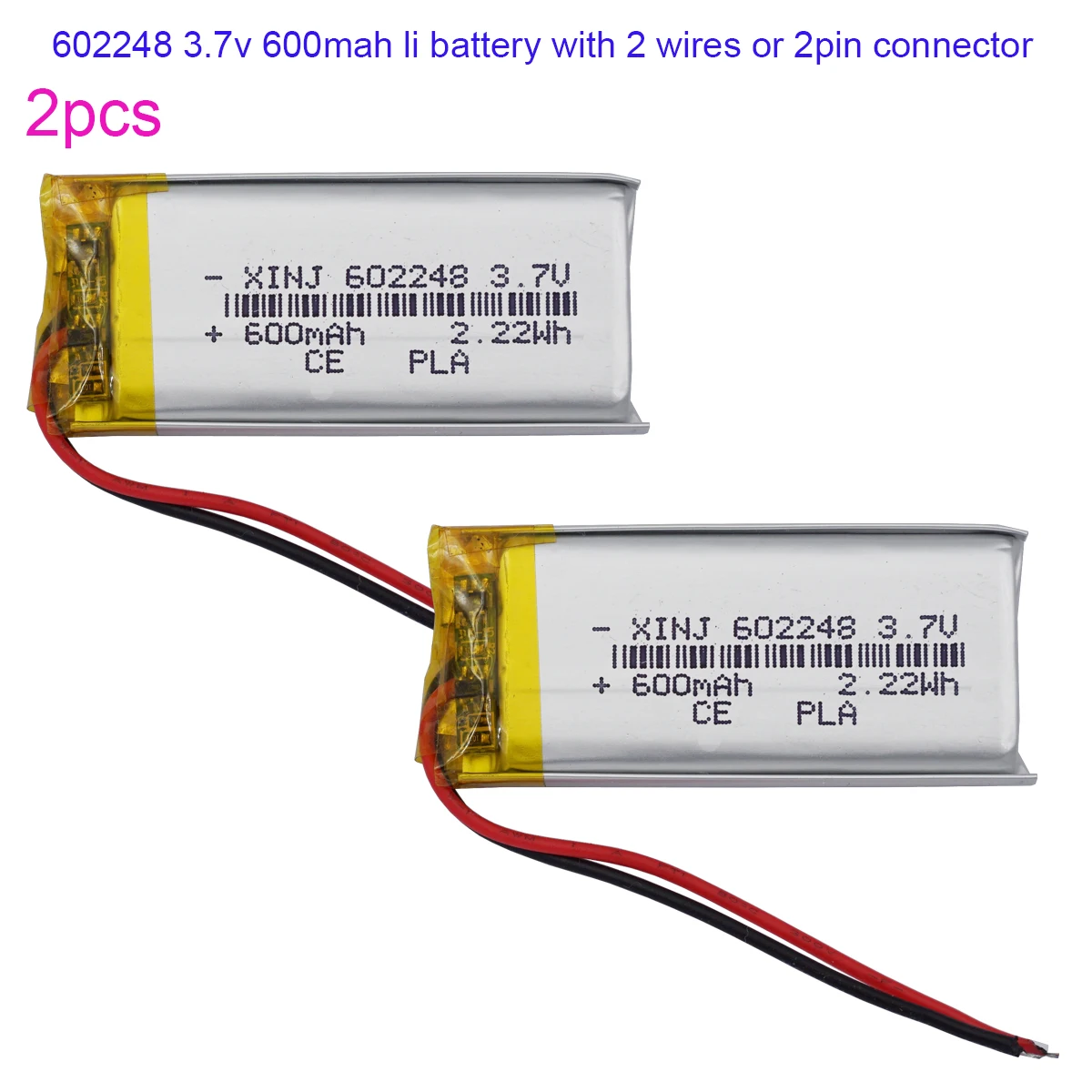 

2pcs 3.7V 600mAh 2.22Wh Li-Polymer Replacement Lipo Rechargeable Battery 602248 JST 2Pin 1.0/1.25/1.5/2.0/2.54mm Connector plug