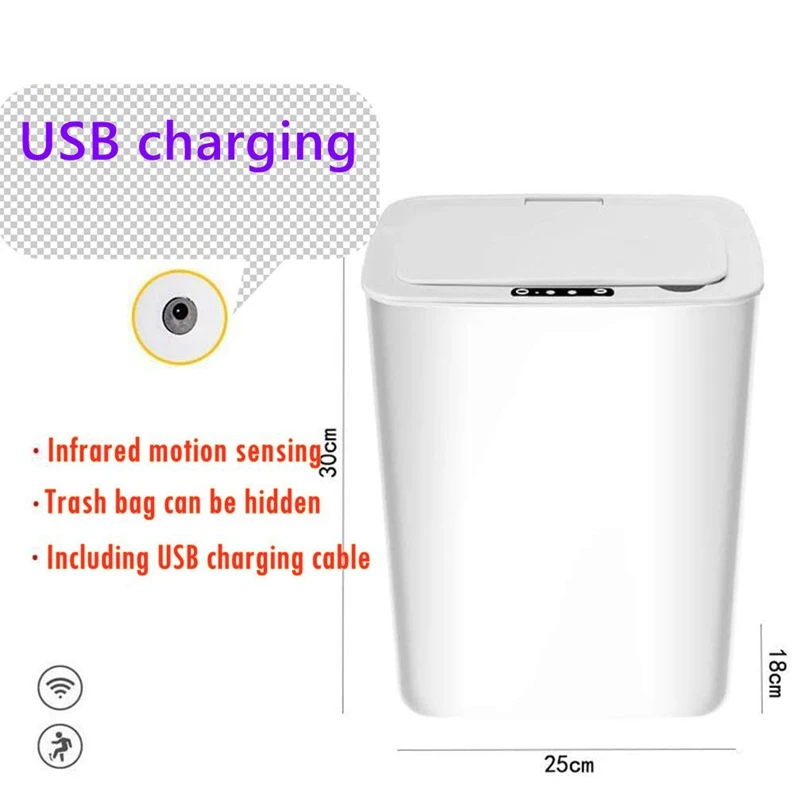 Lixeira com sensor, lata de lixo sem contato de cozinha com tampa, lata de lixo inteligente com carregamento USB para batnroom branco 14L