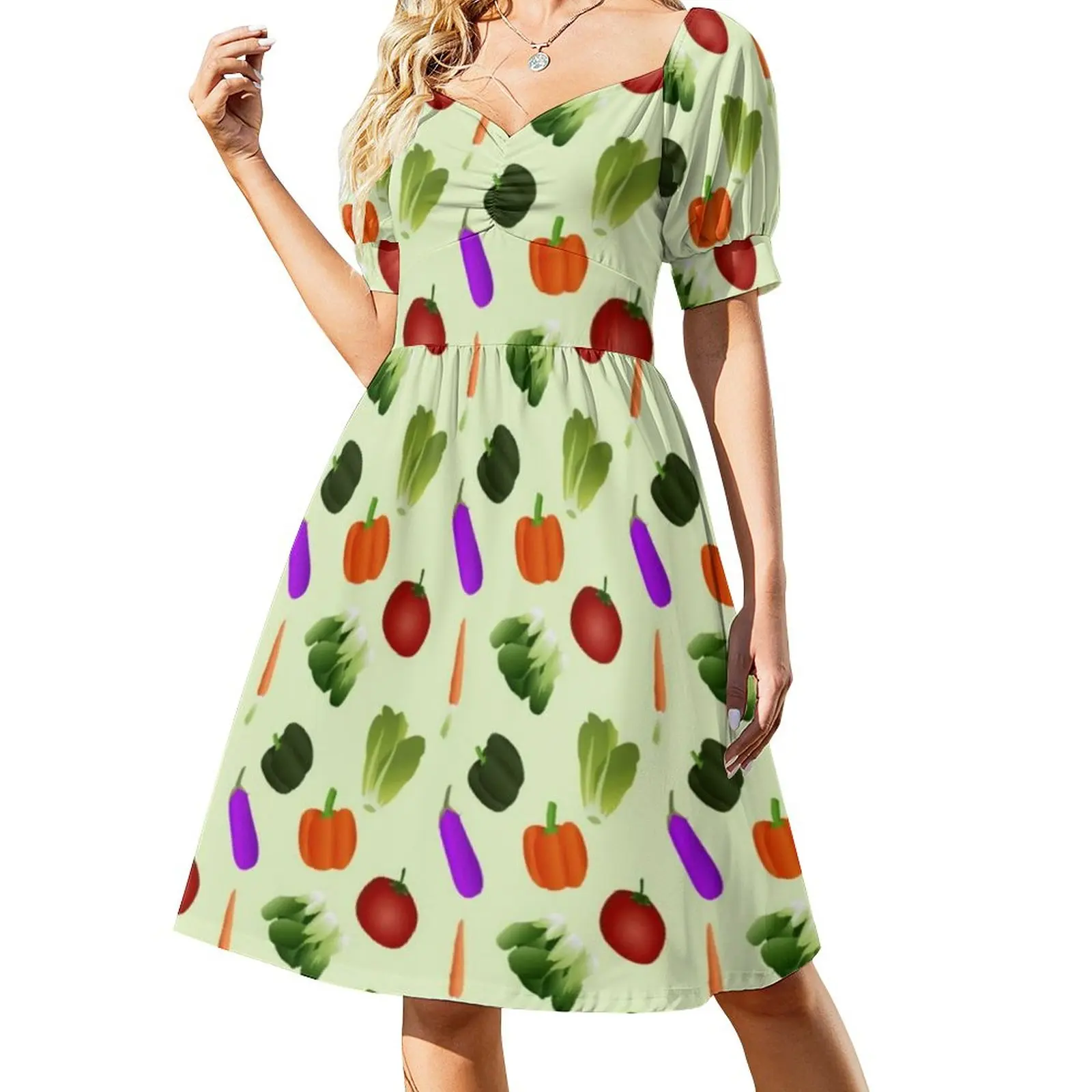 World Vegetarian Day Casual Dress Vegetables Print Street Style Dresses Modern Dress Woman V Neck Oversize Clothing