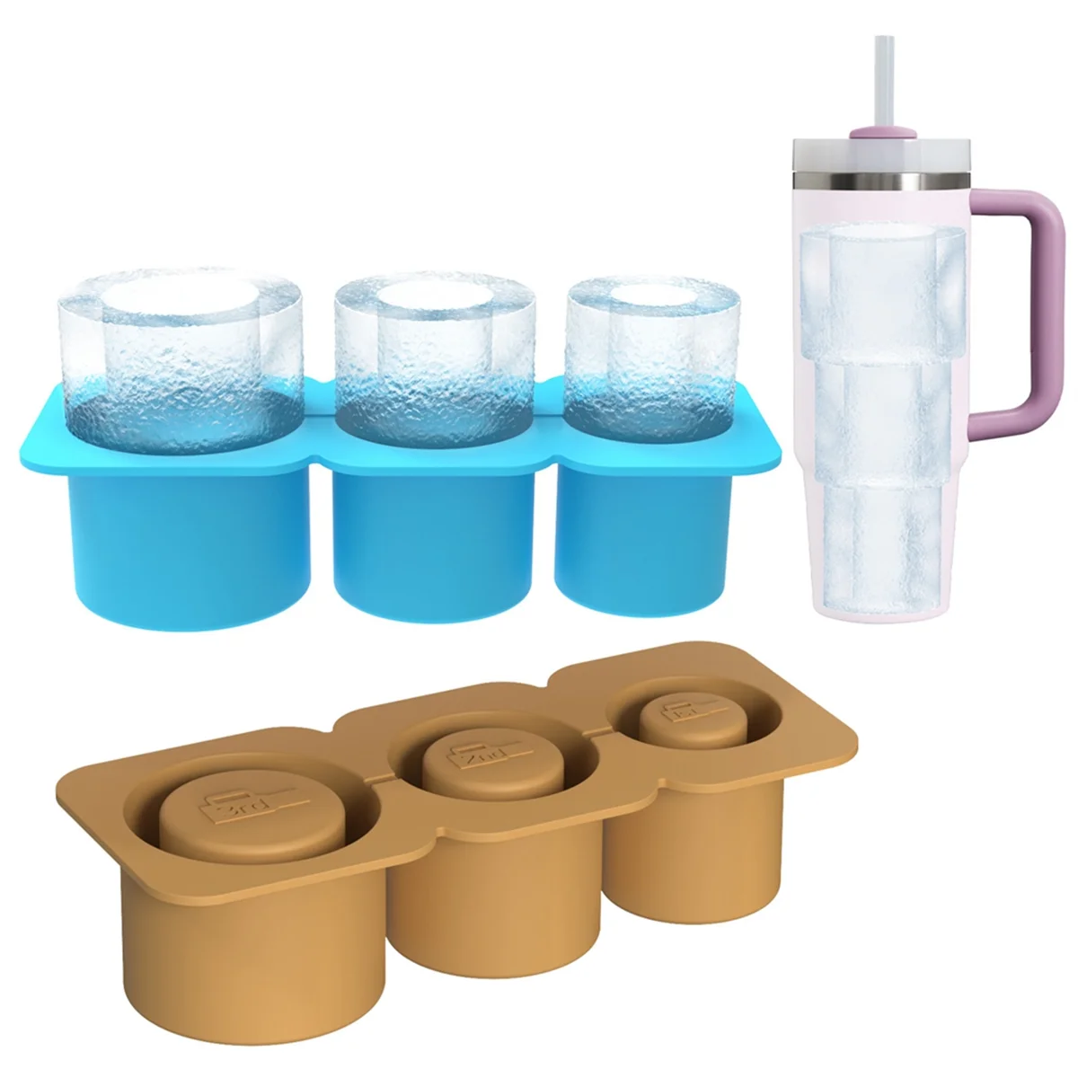 Ice-Cube Tray for Cup Tumbler Cup, Cylinder-Shaped Silicone Ice Mold with Lid for Freezer,Brown & Green