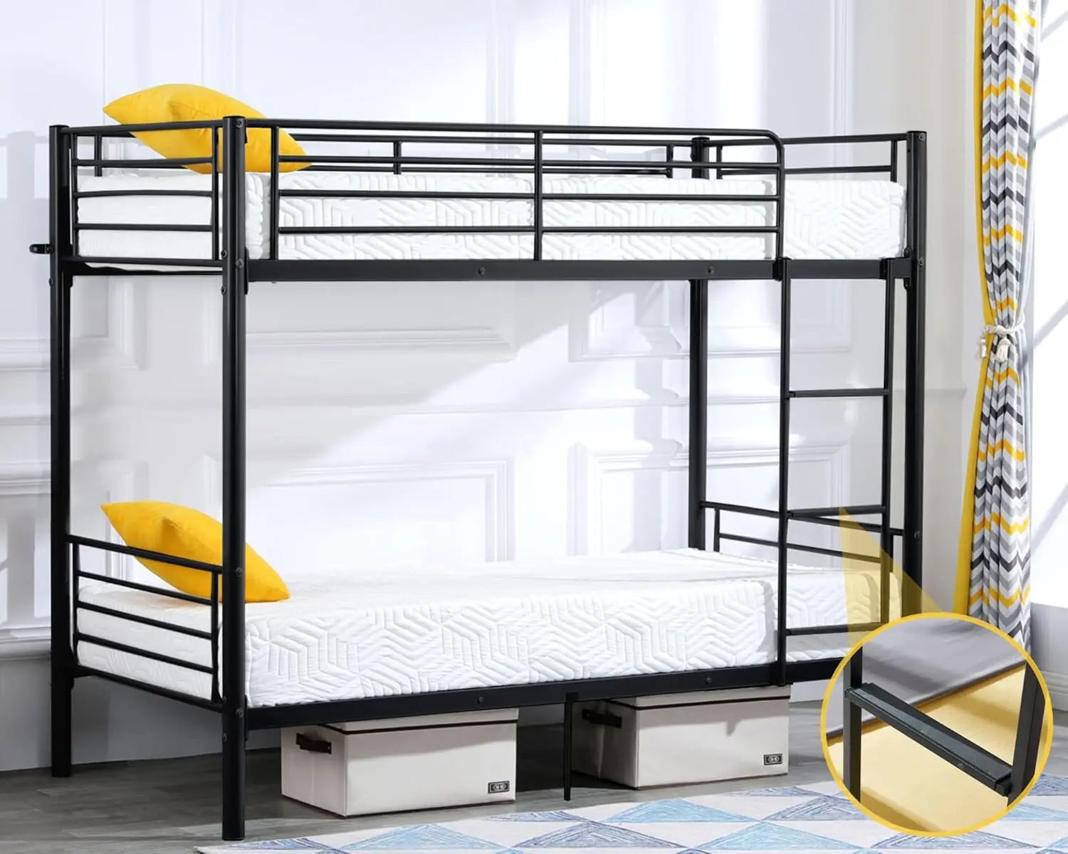 Bed Twin Over Twin for Kids/Teens/Adults Heavy Duty Bunk Bed with Flat Ladder and 13 inches High Guardrail, Metal Bu