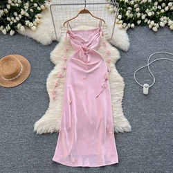 Elegant sweet pleated Swinging collar Three-dimensional flower slip Dress Vacation Slim Women Party Hip Wrap dresses