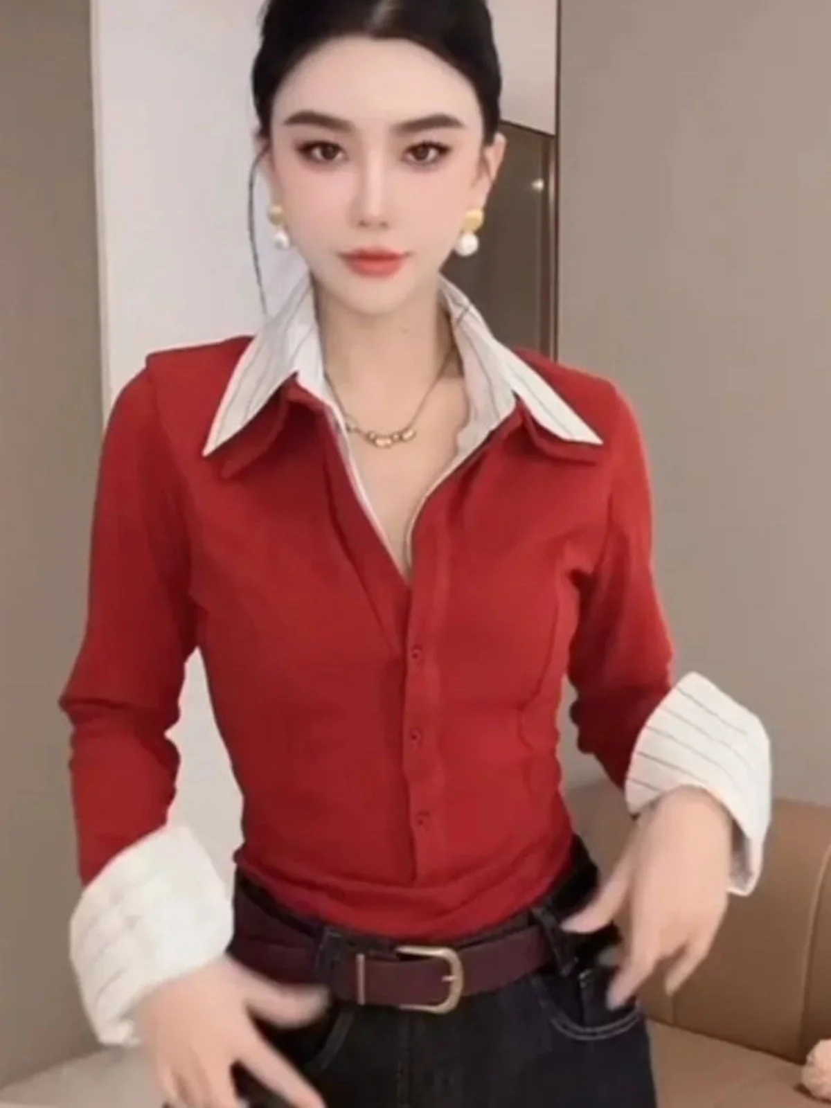 

Faionable Slim Fit Women's irt Collar Color Blo Spring 2025 High End Sle Commute Sle Long Sve Button up
