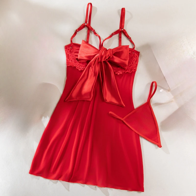Sexy bikini with large bow, pure desire plus-size mesh see-through seductive dress nightgown