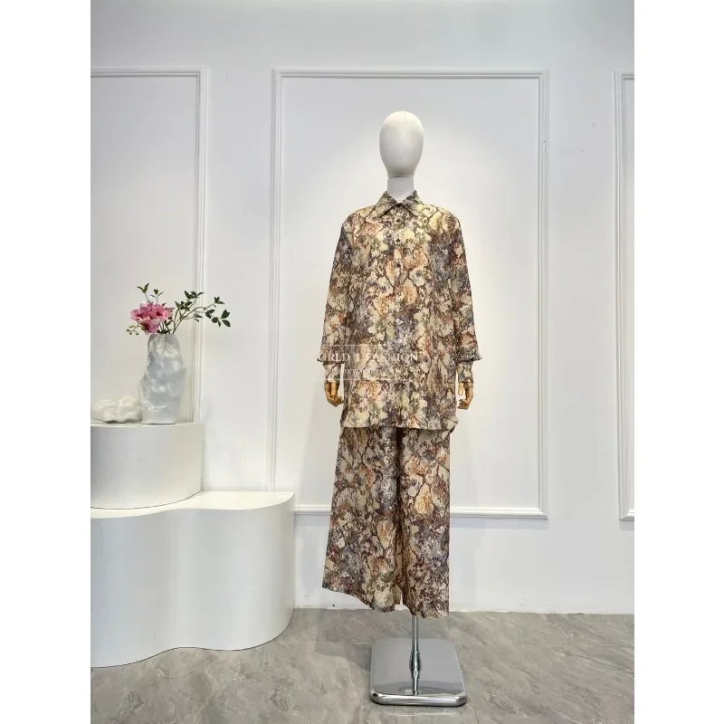 and Pants Set 2025 Top Quality Yellow Floral Print Long Sleeve Blouse Tops and Pleat Midi Skirt