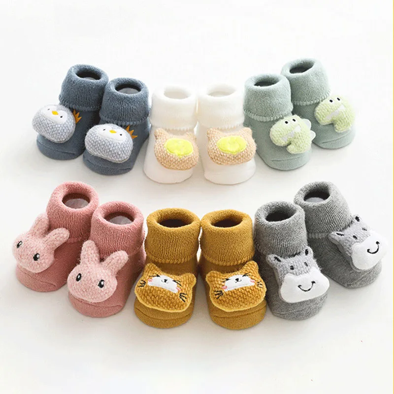 Autumn Winter Baby Girls Warm Cotton Terry Floor Socks Newborn 3D Doll Cartoon Animal Bow Anti Slip Shoes for Infant Boy Clothes