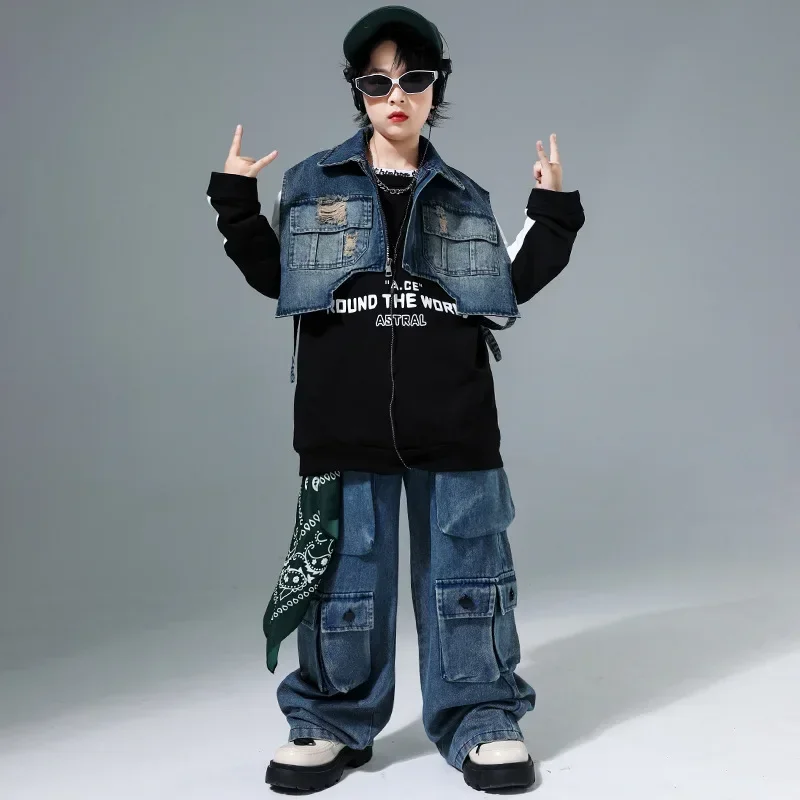 

Street Dance Hip-hop Costume Boy Denim Vest+Long Sleeve Patchwork Sweater+Denim Pants Jazz Dance Runway Performance Clothing
