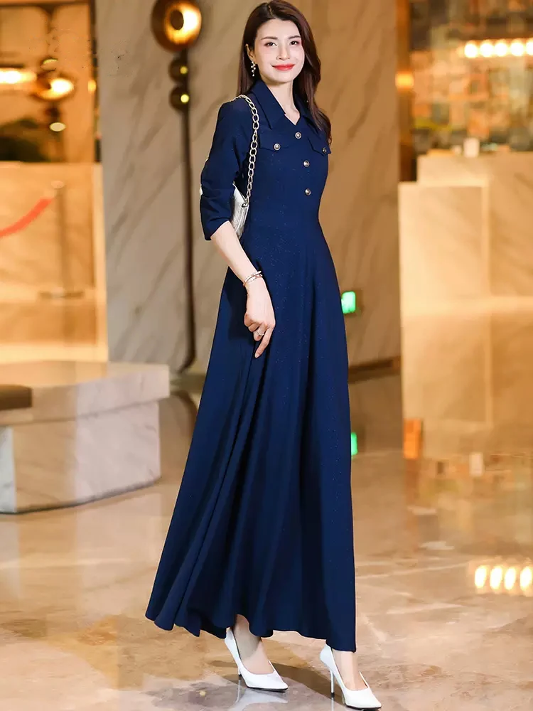 New Women Spring Autumn Long Sleeve Dress Elegant Fashion Turn-down Collar Overlength Dress Simplicity Long Shirt Dress