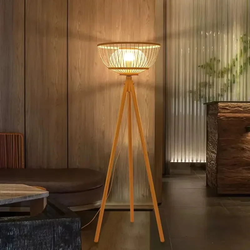 Modern Woven Bamboo Floor Wall Lamp Indoor Home Decoration Handmade Lighting Fixture