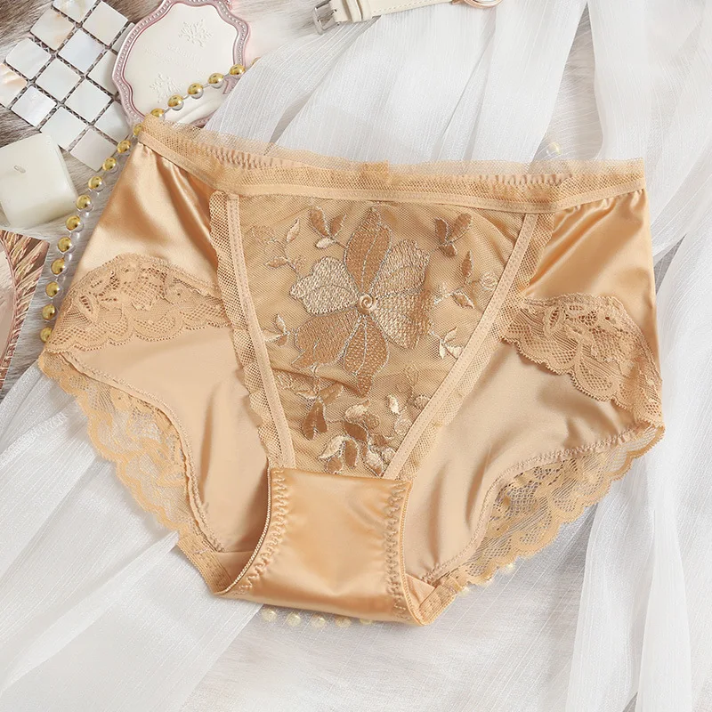 Luxury Style Satin Flower Embroidery Upscale Women\'s Panties Sexy Lace Seamless Elasticity Cute Lovely Elegant Female Underwear