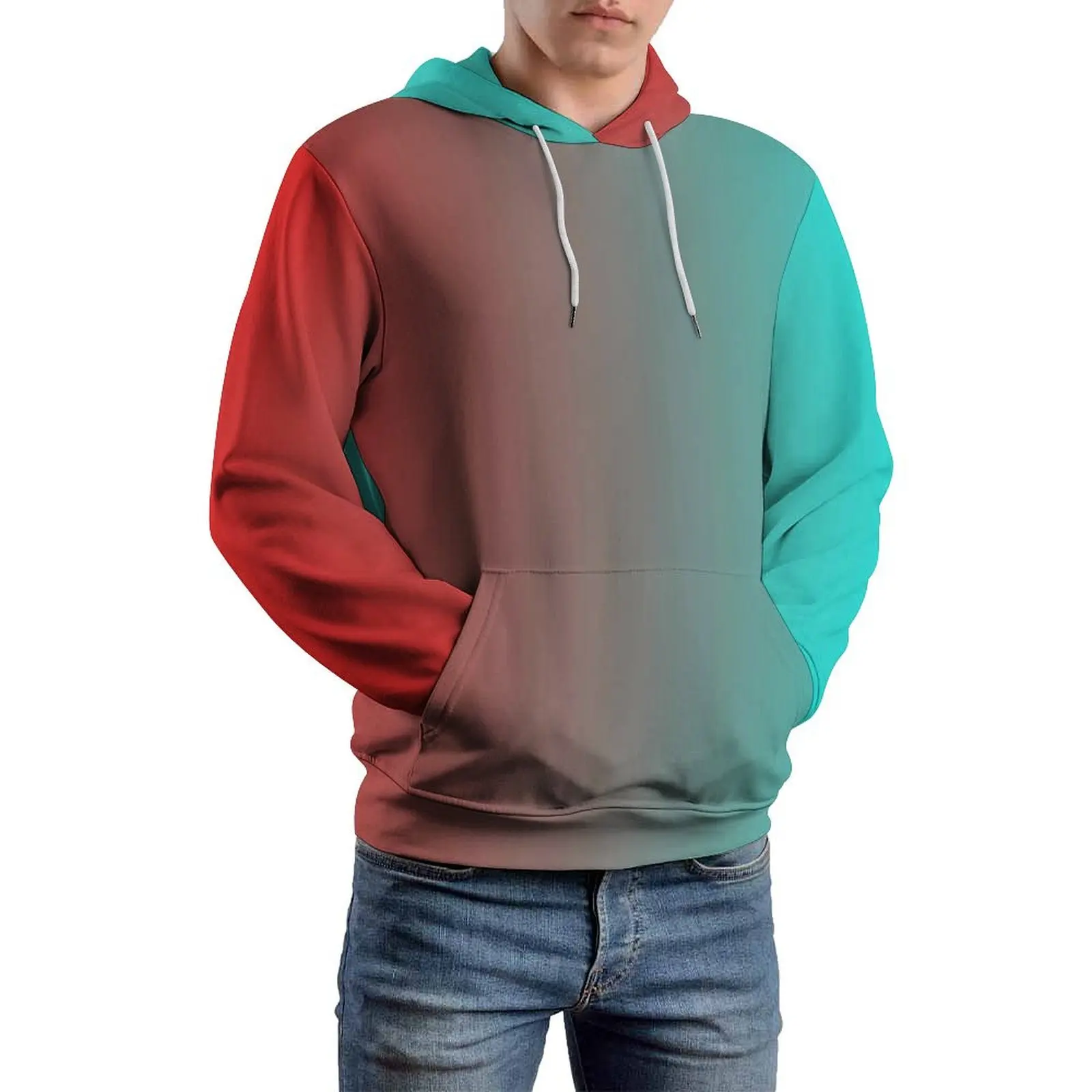 Two Tone Art Loose Hoodies Red And Green Harajuku Pullover Hoodie Men Long-Sleeve Oversize Classic Printed Clothing