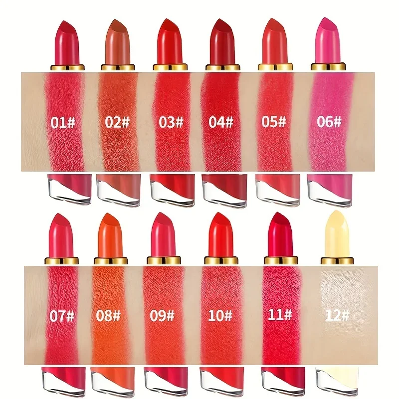 Batom hidratante cremoso de 12 cores, batom de longa duração, torre inclinada, maquiagem feminina e escolar, maquiagem labial para iniciantes